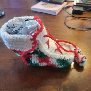 Vintage Christmas Handmade Crocheted Granny Boot White Red Green Holder Vase 6”